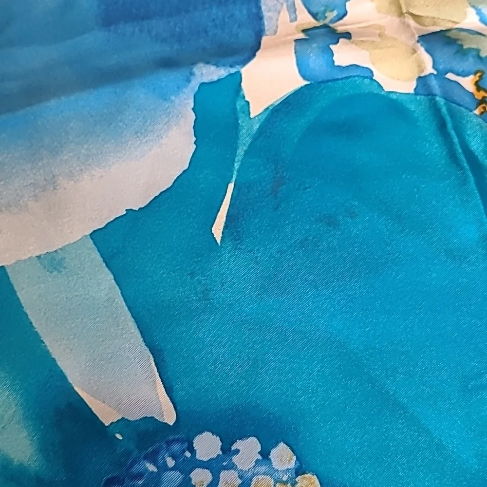 100% Silk Large Floral Square Scarf Cobalt Blue Vibrant Luxurious